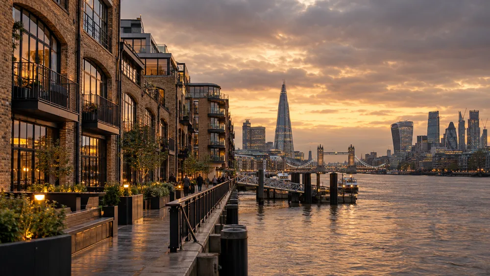 London riverside commercial buildings and brick warehouses at dusk