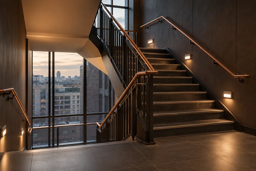 Illuminated emergency bulkhead lights in an empty commercial stairwell