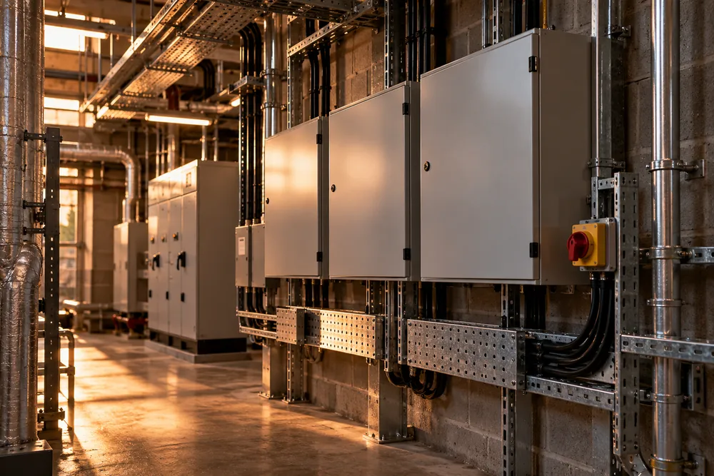 Galvanised cable trays and closed distribution panels in a commercial plant room